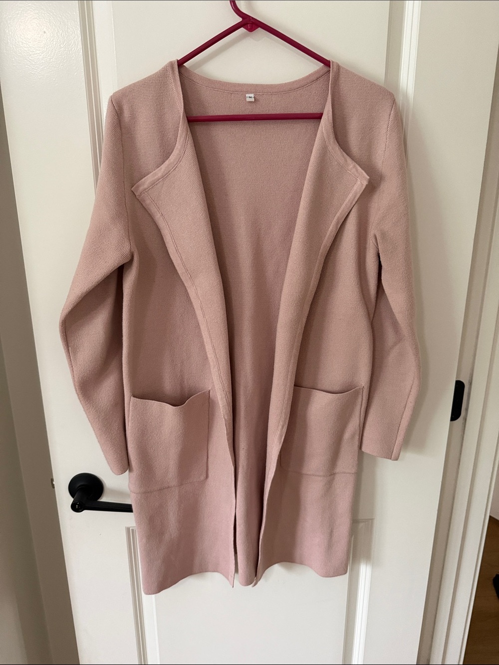 Women's Open-Front Blush Pink Long Cardigan with Pockets